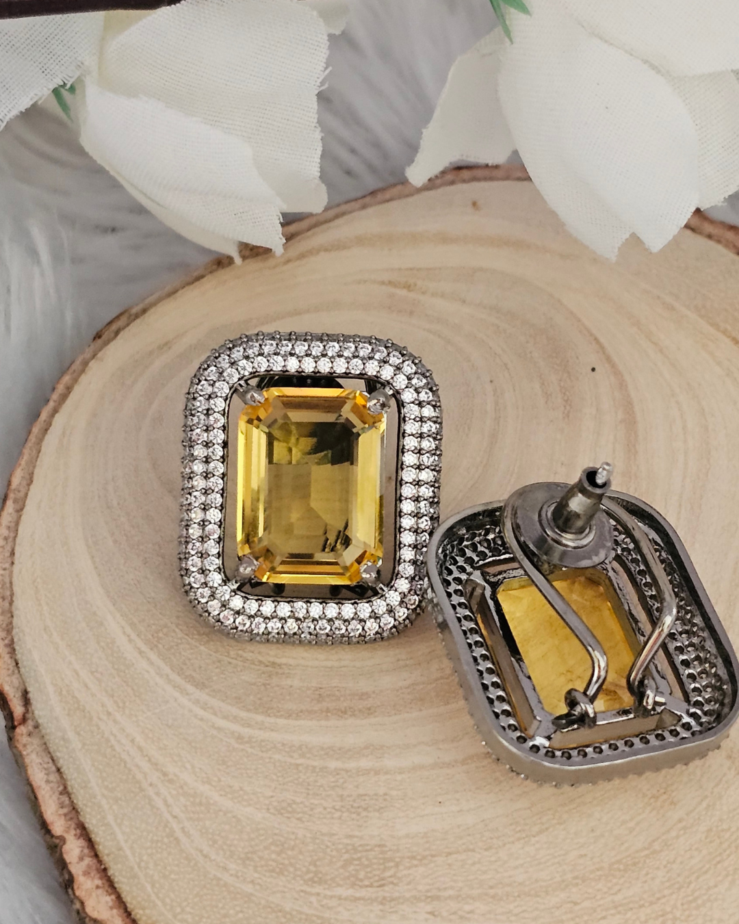 Vintage-Inspired Yellow Gemstone and Rhinestone Stud Earrings