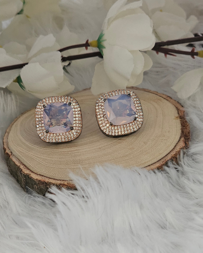 Square-Cut Lavender Gemstone and Rhinestone Stud Earrings