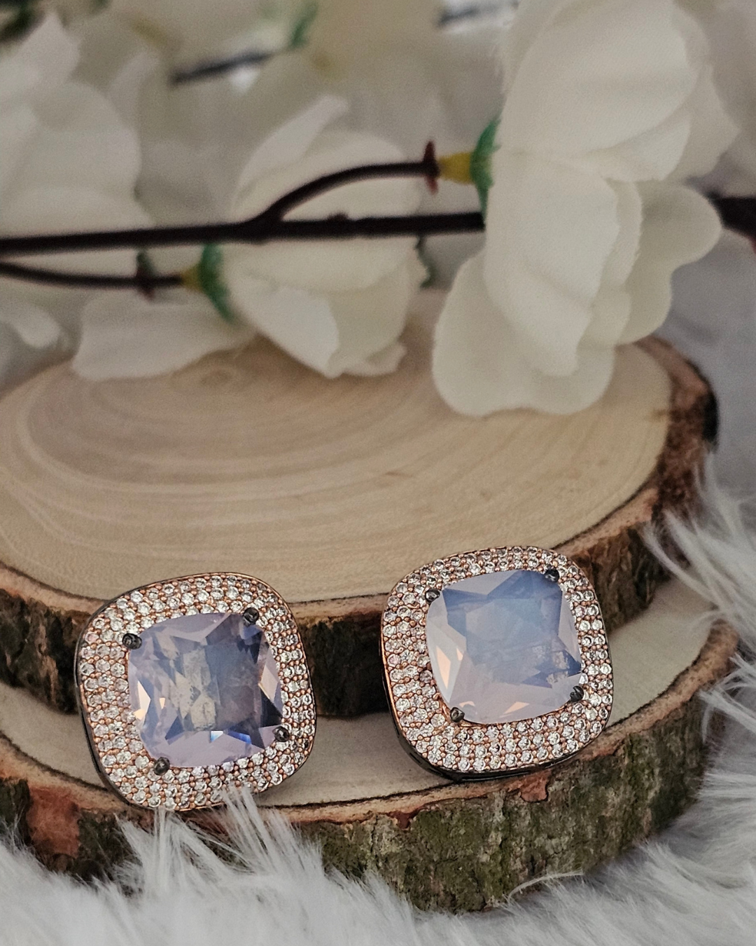 Square-Cut Lavender Gemstone and Rhinestone Stud Earrings