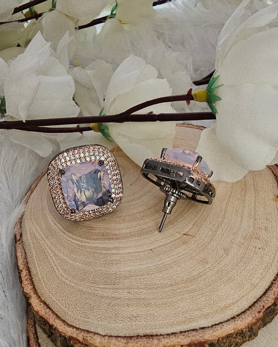 Square-Cut Lavender Gemstone and Rhinestone Stud Earrings