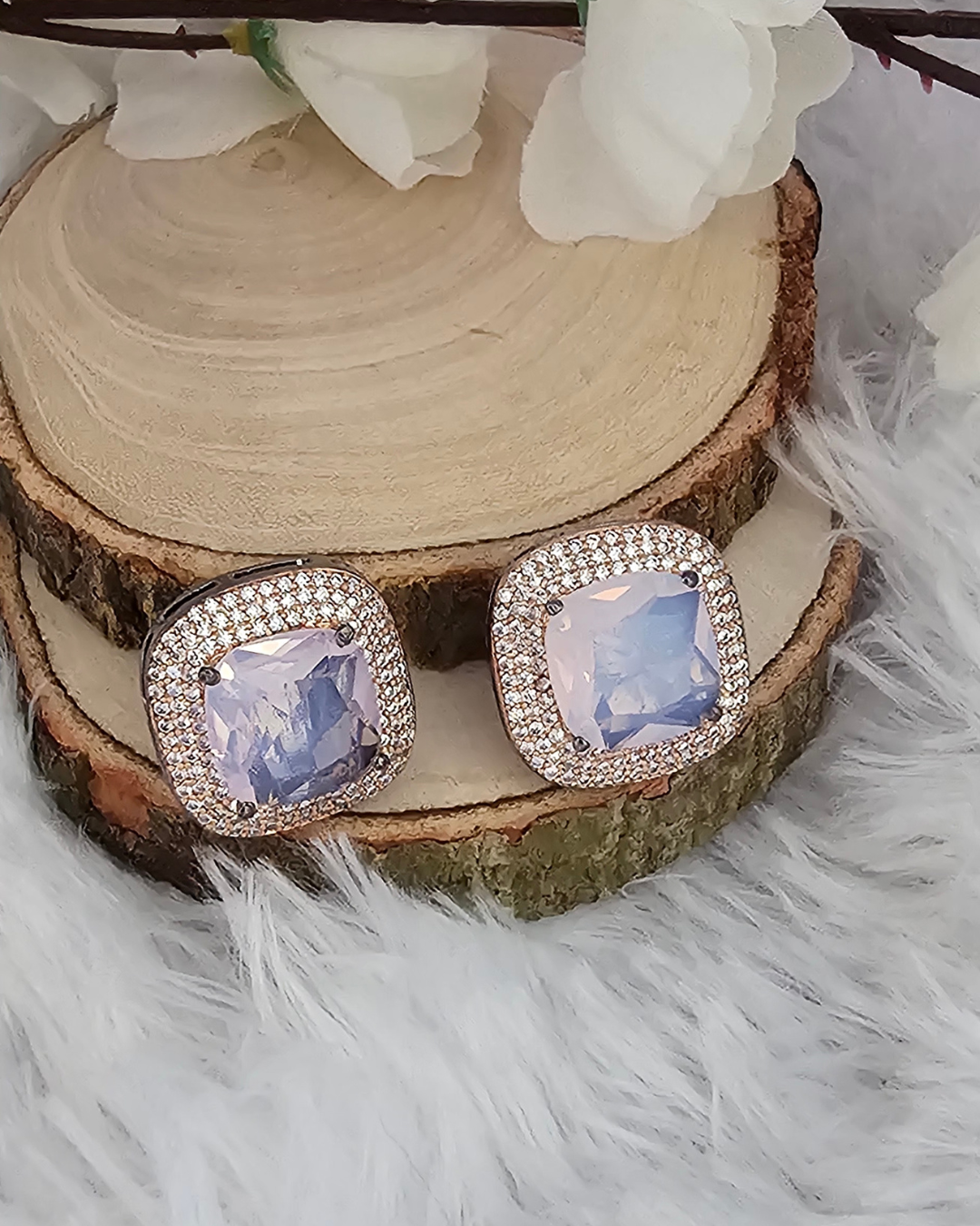 Square-Cut Lavender Gemstone and Rhinestone Stud Earrings