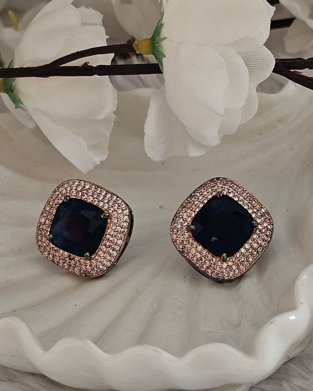 Midnight Blue Gemstone and Rhinestone Stud Earrings