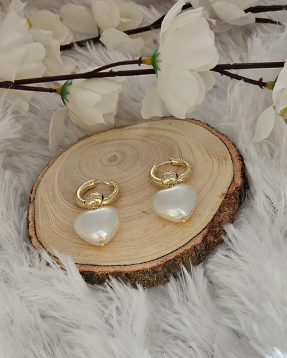 Heart-Shaped Pearl Drop Hoop Earrings