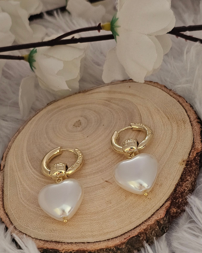 Heart-Shaped Pearl Drop Hoop Earrings