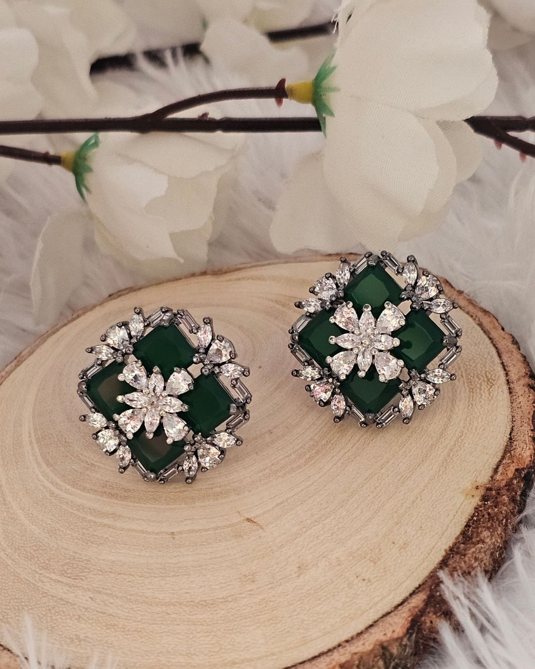 Green Gemstone and Crystal Floral Stud Earrings