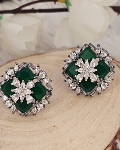 Green Gemstone and Crystal Floral Stud Earrings