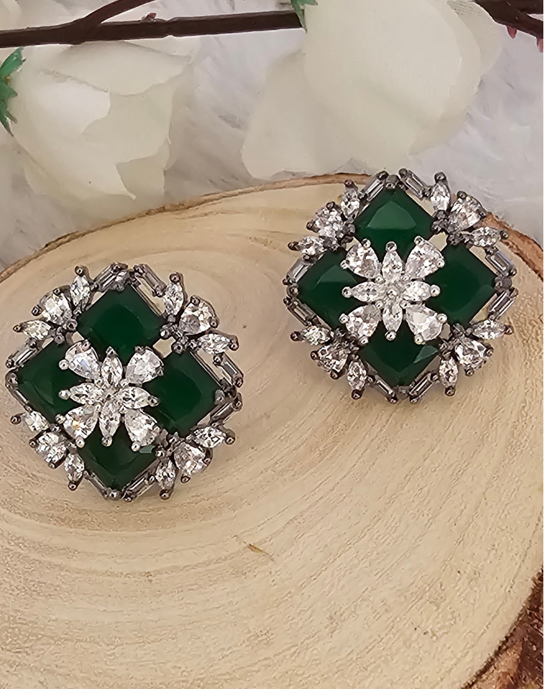 Green Gemstone and Crystal Floral Stud Earrings