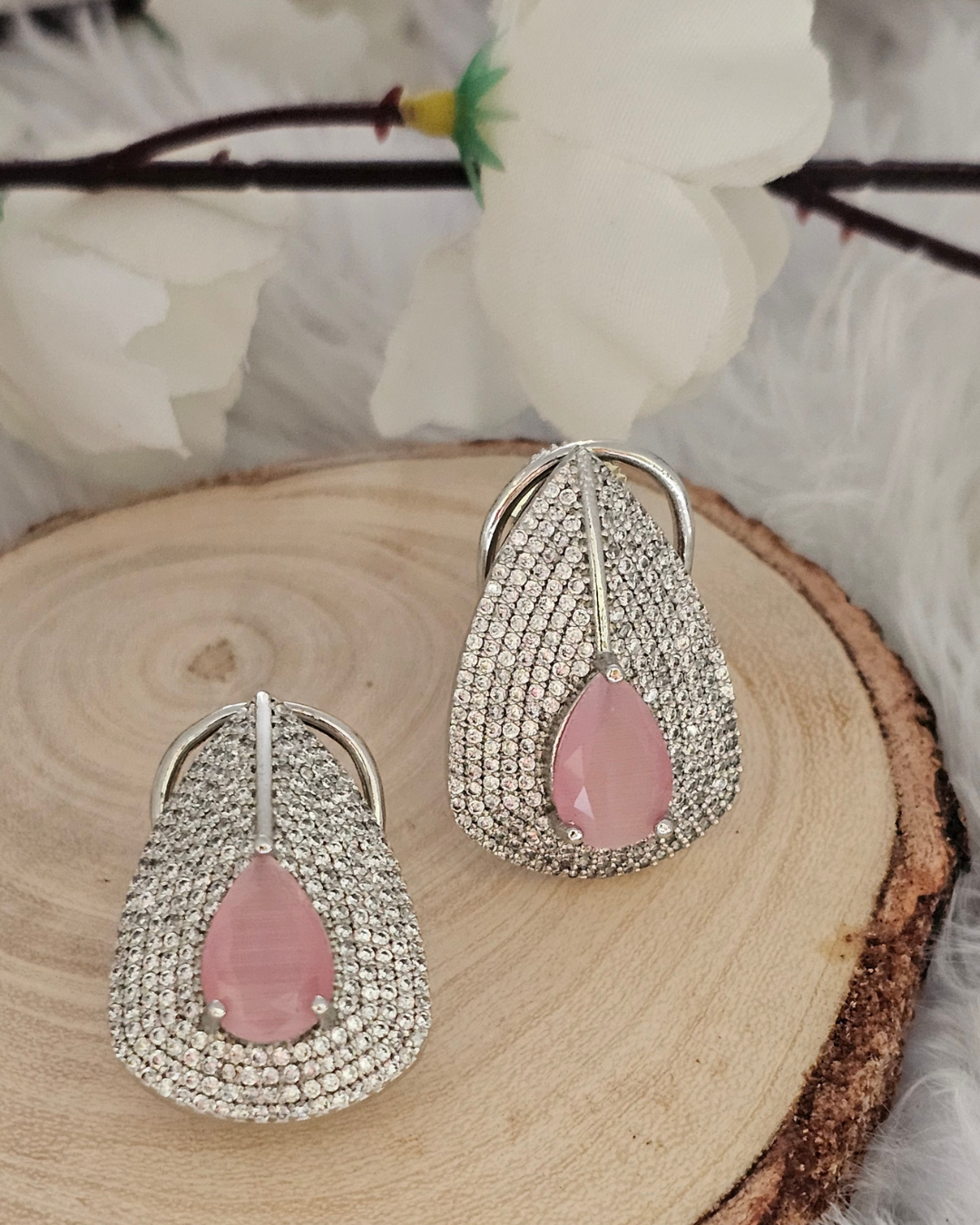 Teardrop Pink Gemstone and Crystal Stud Earrings