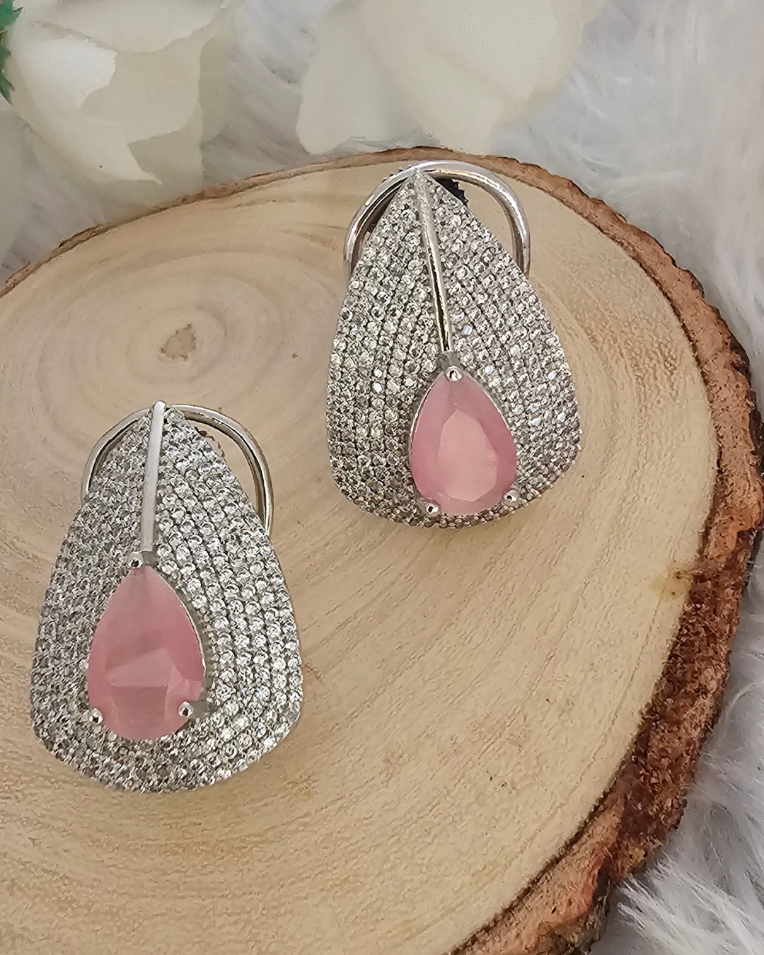 Teardrop Pink Gemstone and Crystal Stud Earrings
