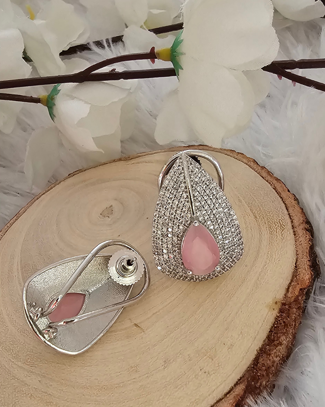 Teardrop Pink Gemstone and Crystal Stud Earrings