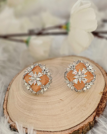 Peach Gemstone and Crystal Floral Stud Earrings