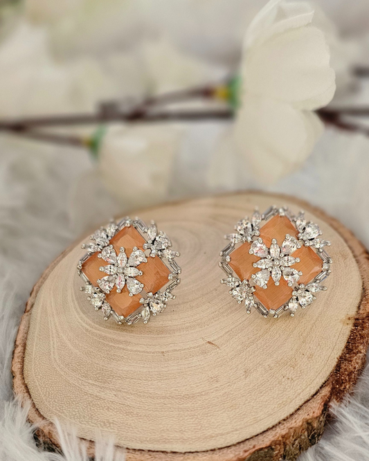 Peach Gemstone and Crystal Floral Stud Earrings