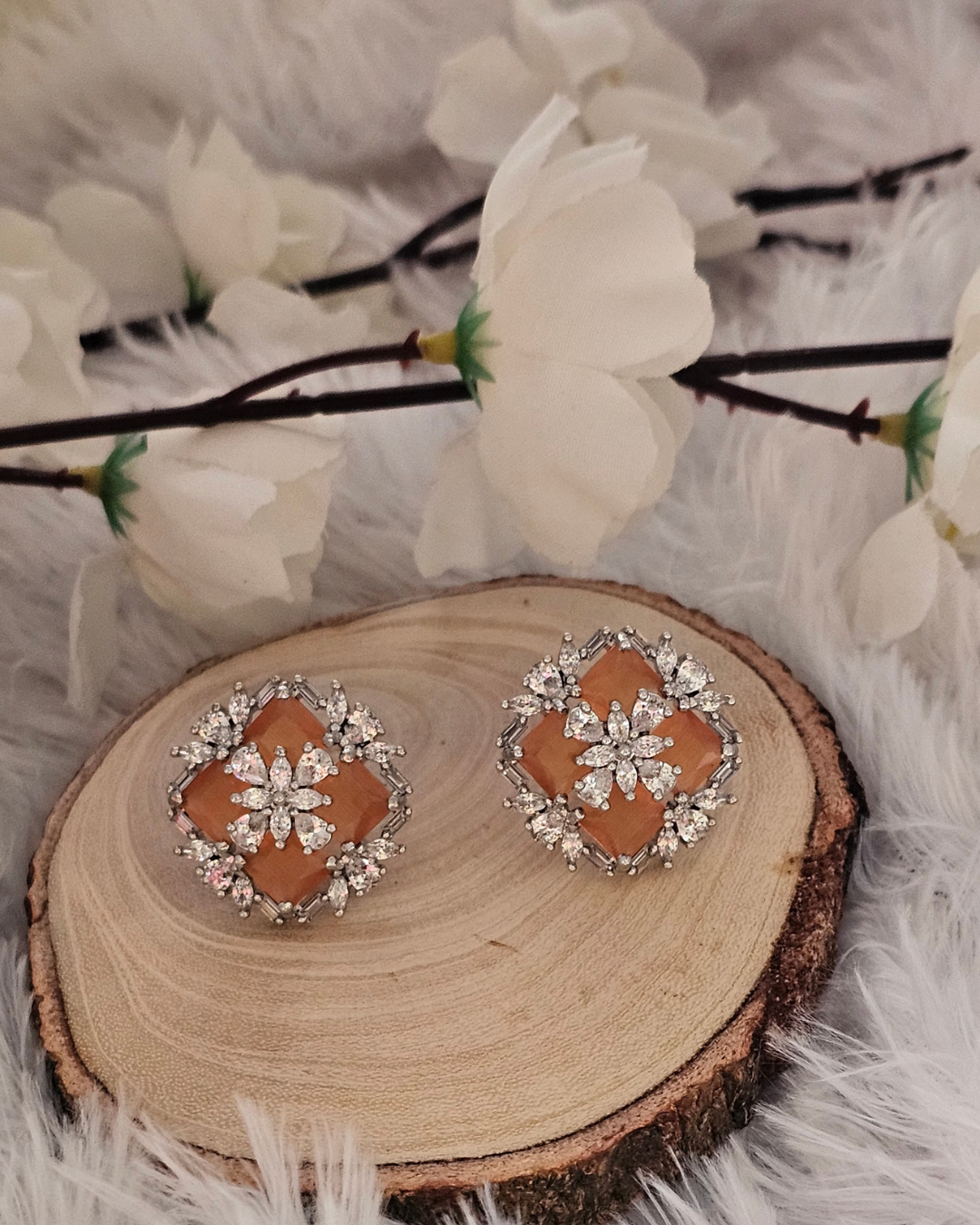Peach Gemstone and Crystal Floral Stud Earrings