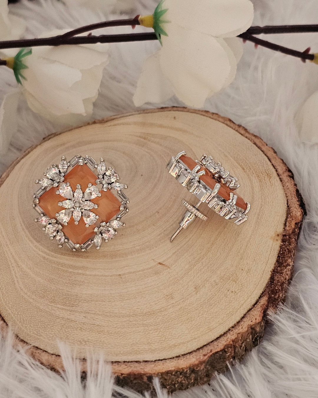 Peach Gemstone and Crystal Floral Stud Earrings