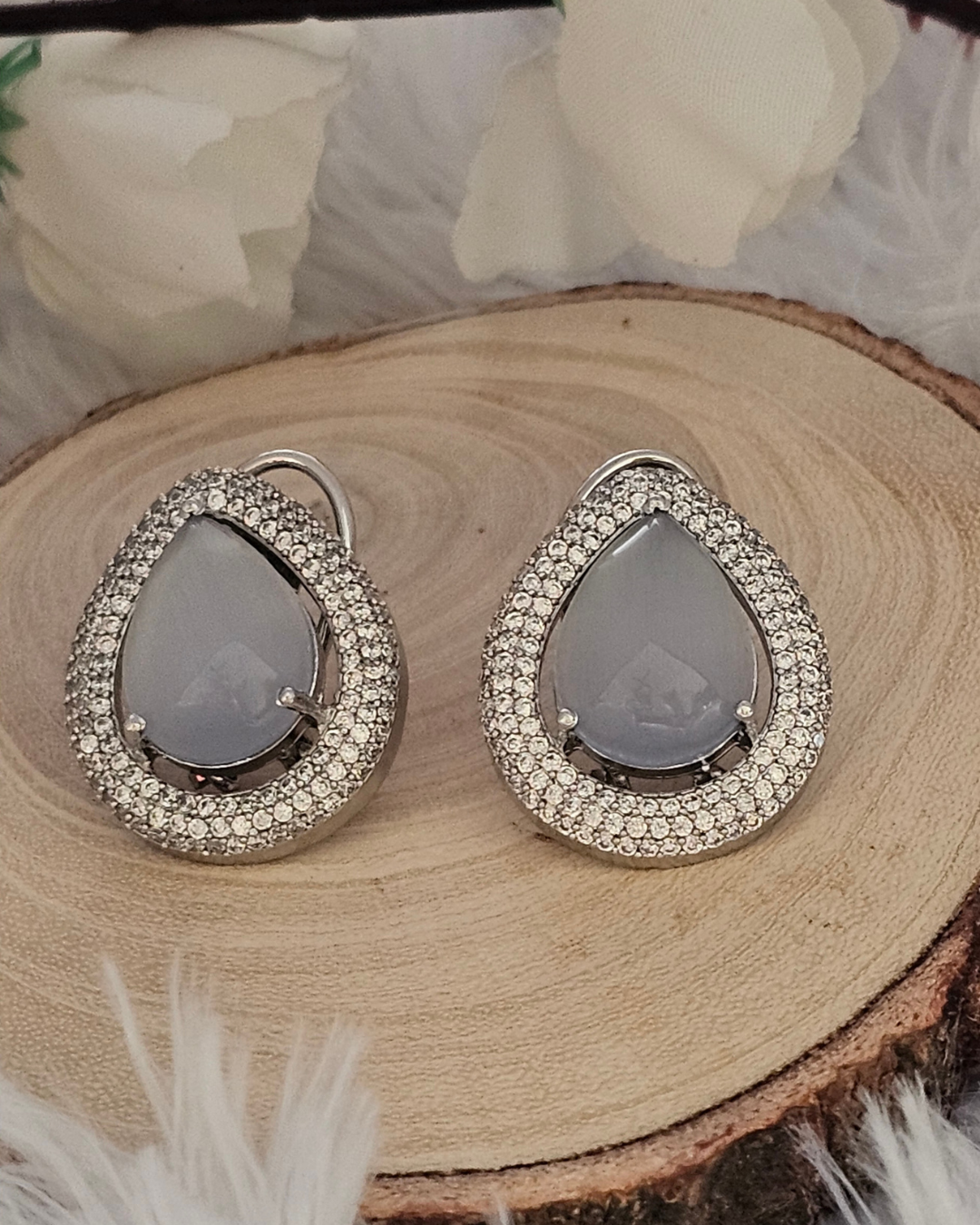 Teardrop Gray Gemstone and Crystal Stud Earrings
