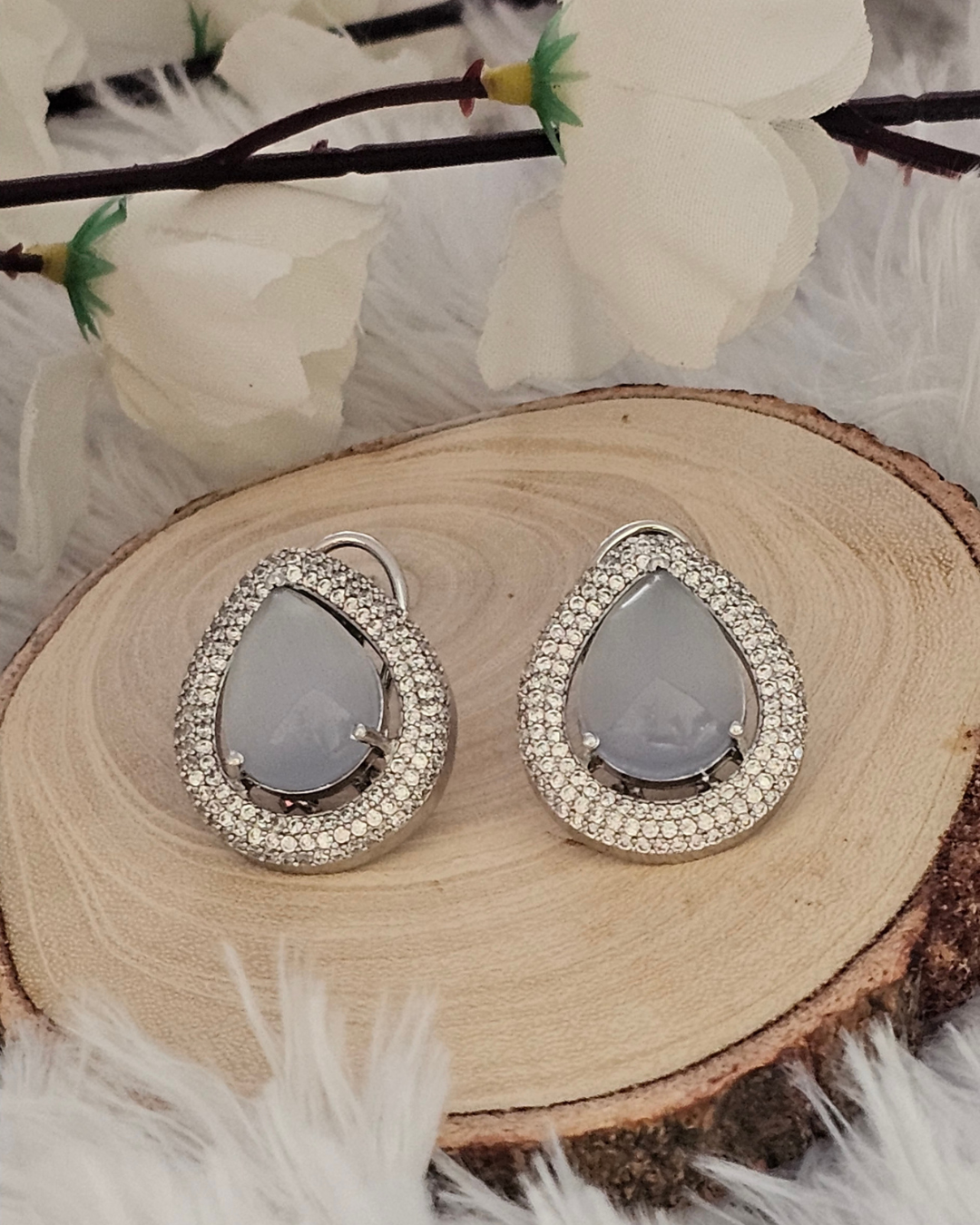 Teardrop Gray Gemstone and Crystal Stud Earrings
