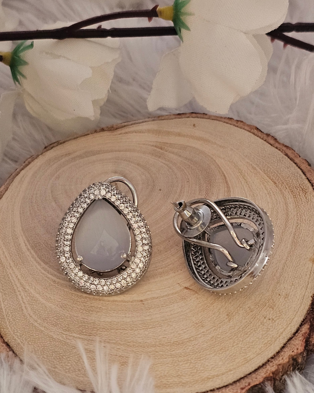 Teardrop Gray Gemstone and Crystal Stud Earrings