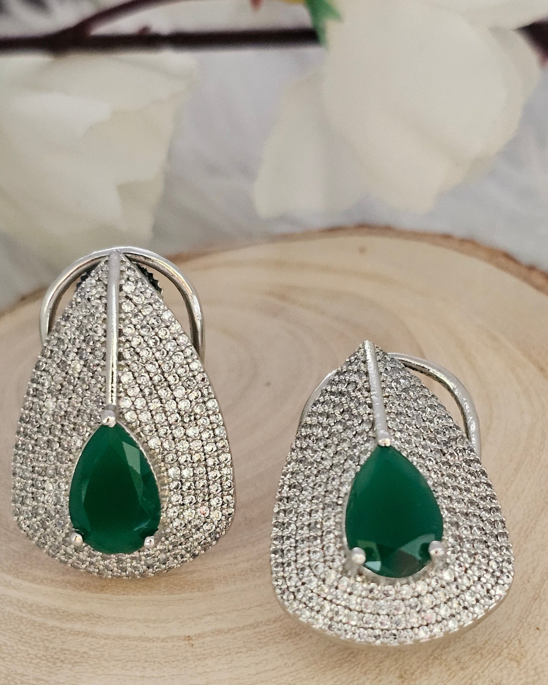 Teardrop Green Gemstone and Crystal Stud Earrings