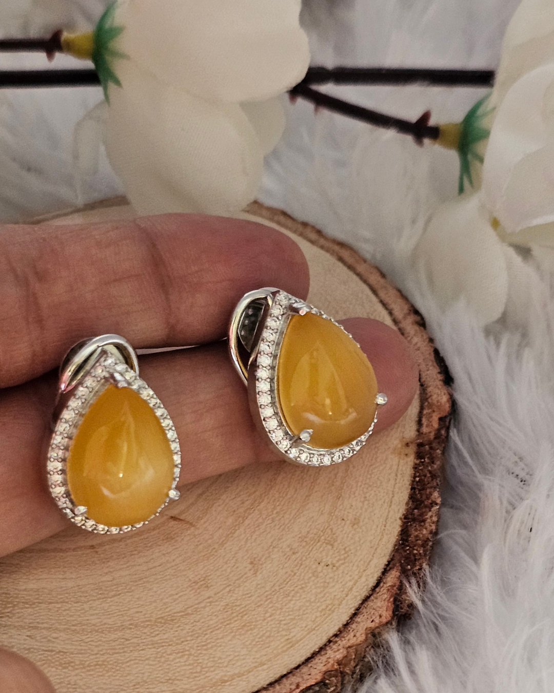 Teardrop Yellow Gemstone and Crystal Stud Earrings