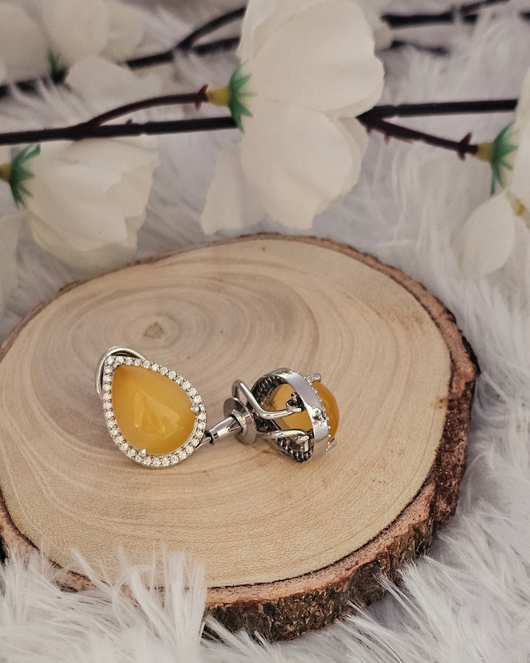 Teardrop Yellow Gemstone and Crystal Stud Earrings