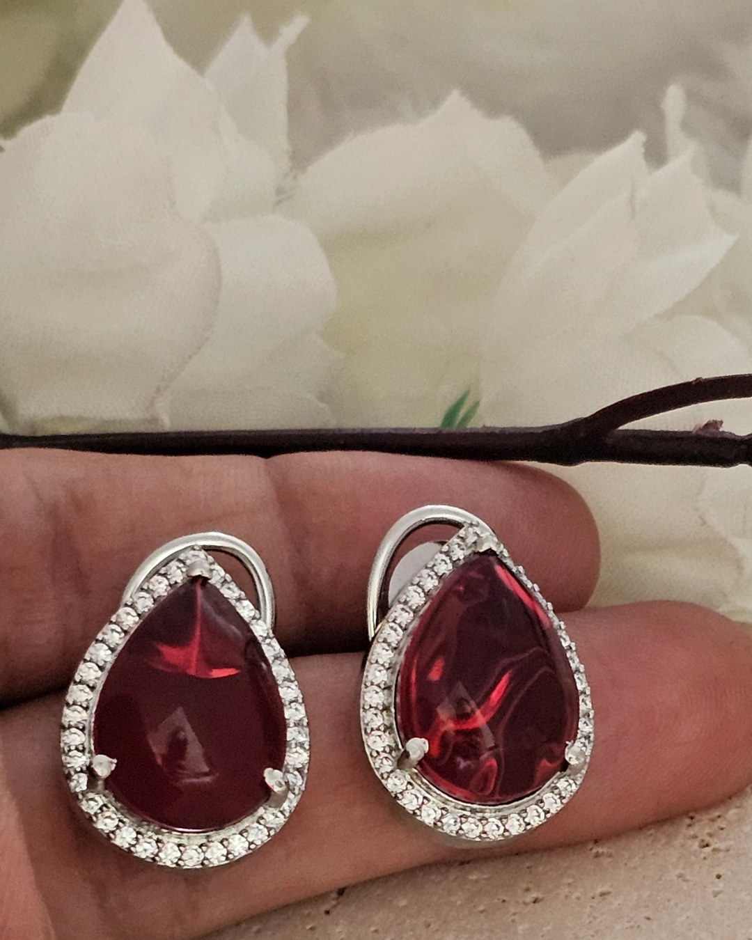 Teardrop Red Gemstone and Zirconia Stud Earrings