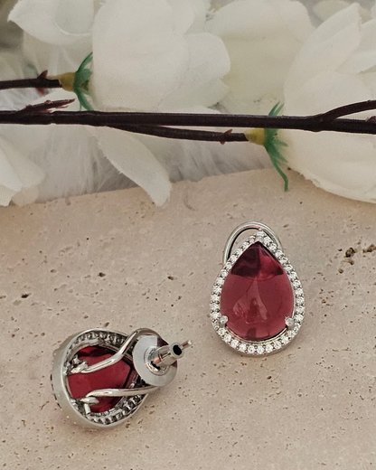 Teardrop Red Gemstone and Zirconia Stud Earrings