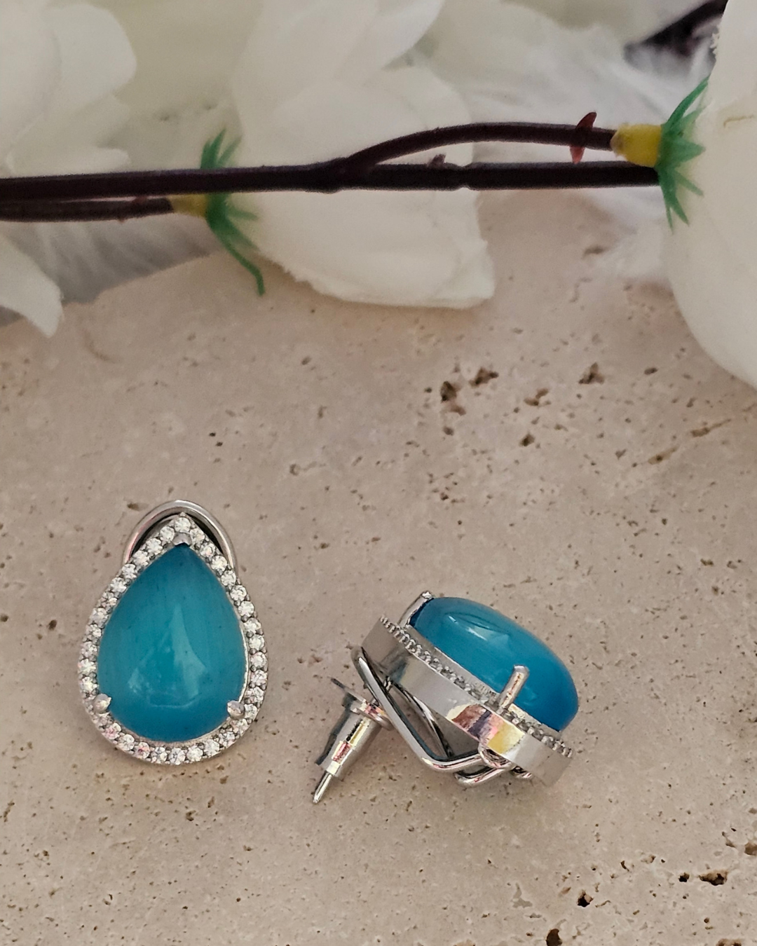 Teardrop Turquoise Gemstone and Zirconia Stud Earrings