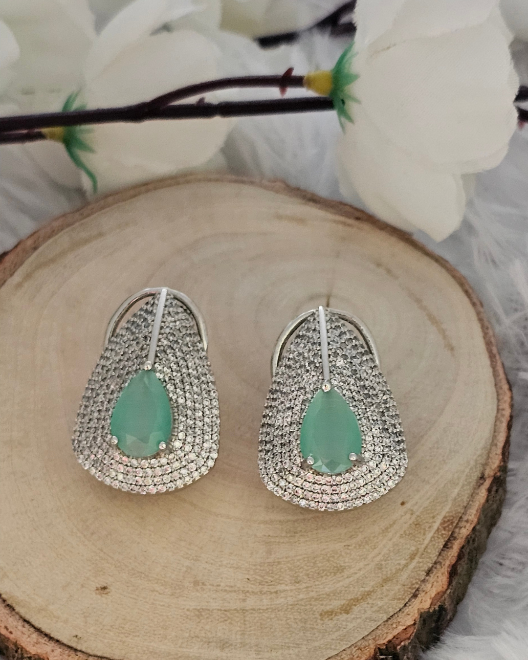 Teardrop Mint Green Gemstone and Zirconia Stud Earrings