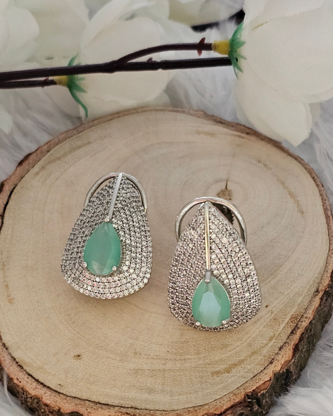 Teardrop Mint Green Gemstone and Zirconia Stud Earrings