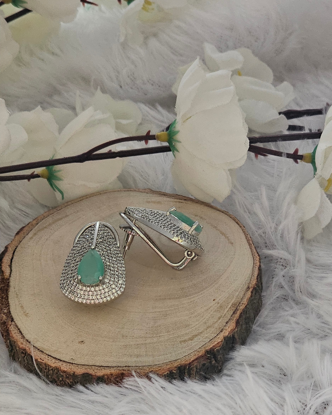 Teardrop Mint Green Gemstone and Zirconia Stud Earrings