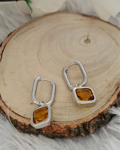 Square-Cut Amber Gemstone Drop Earrings