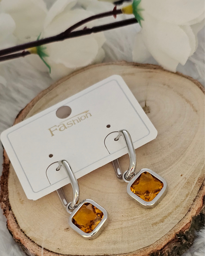 Square-Cut Amber Gemstone Drop Earrings
