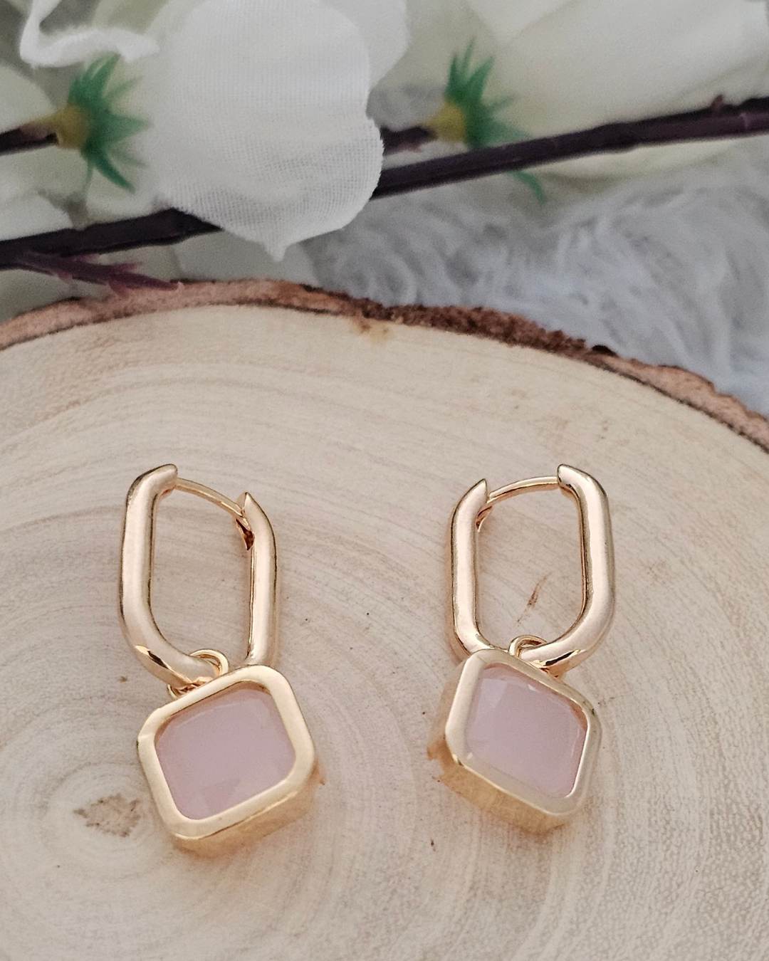 Square-Cut Soft Pink Gemstone Drop Earrings