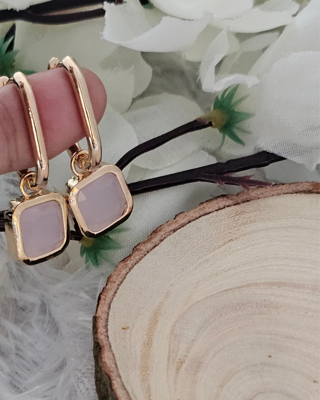 Square-Cut Soft Pink Gemstone Drop Earrings