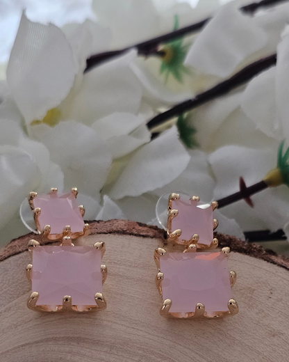 Double Square-Cut Soft Pink Gemstone Stud Earrings
