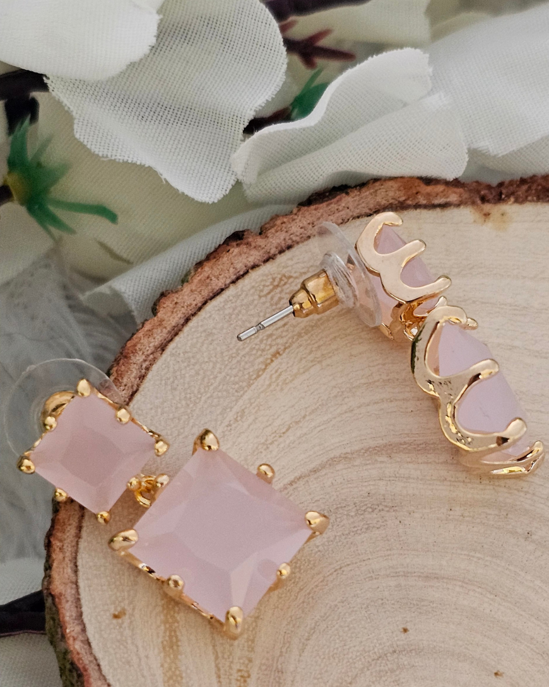 Double Square-Cut Soft Pink Gemstone Stud Earrings