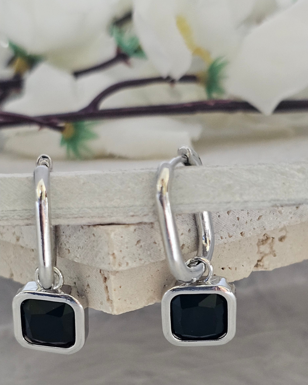 Square-Cut Black Gemstone Drop Earrings
