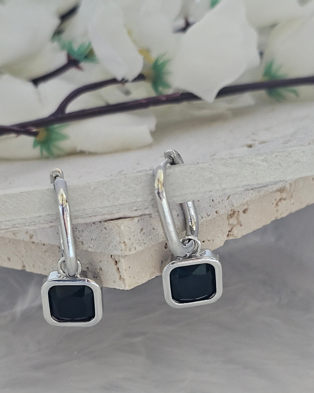 Square-Cut Black Gemstone Drop Earrings