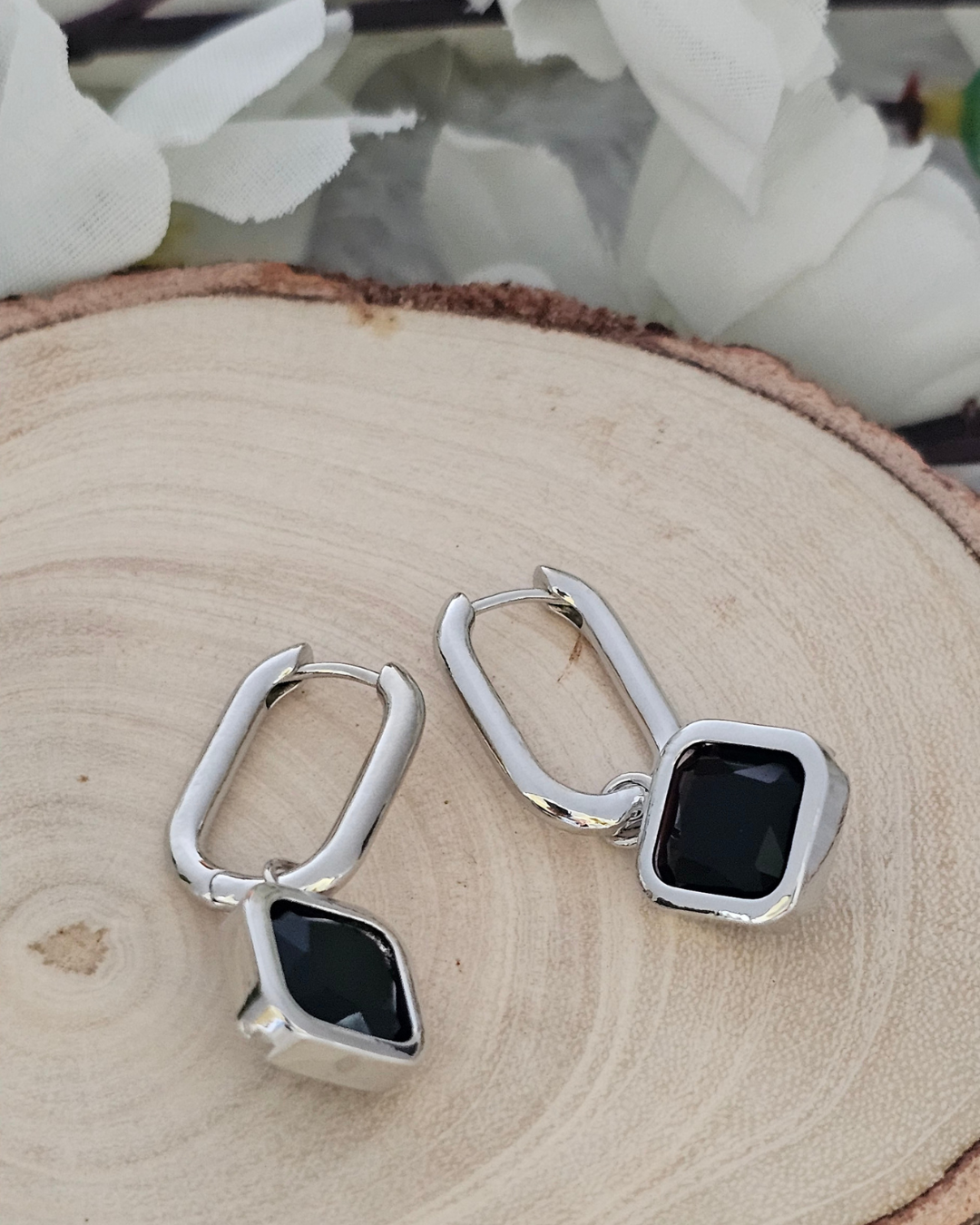 Square-Cut Black Gemstone Drop Earrings