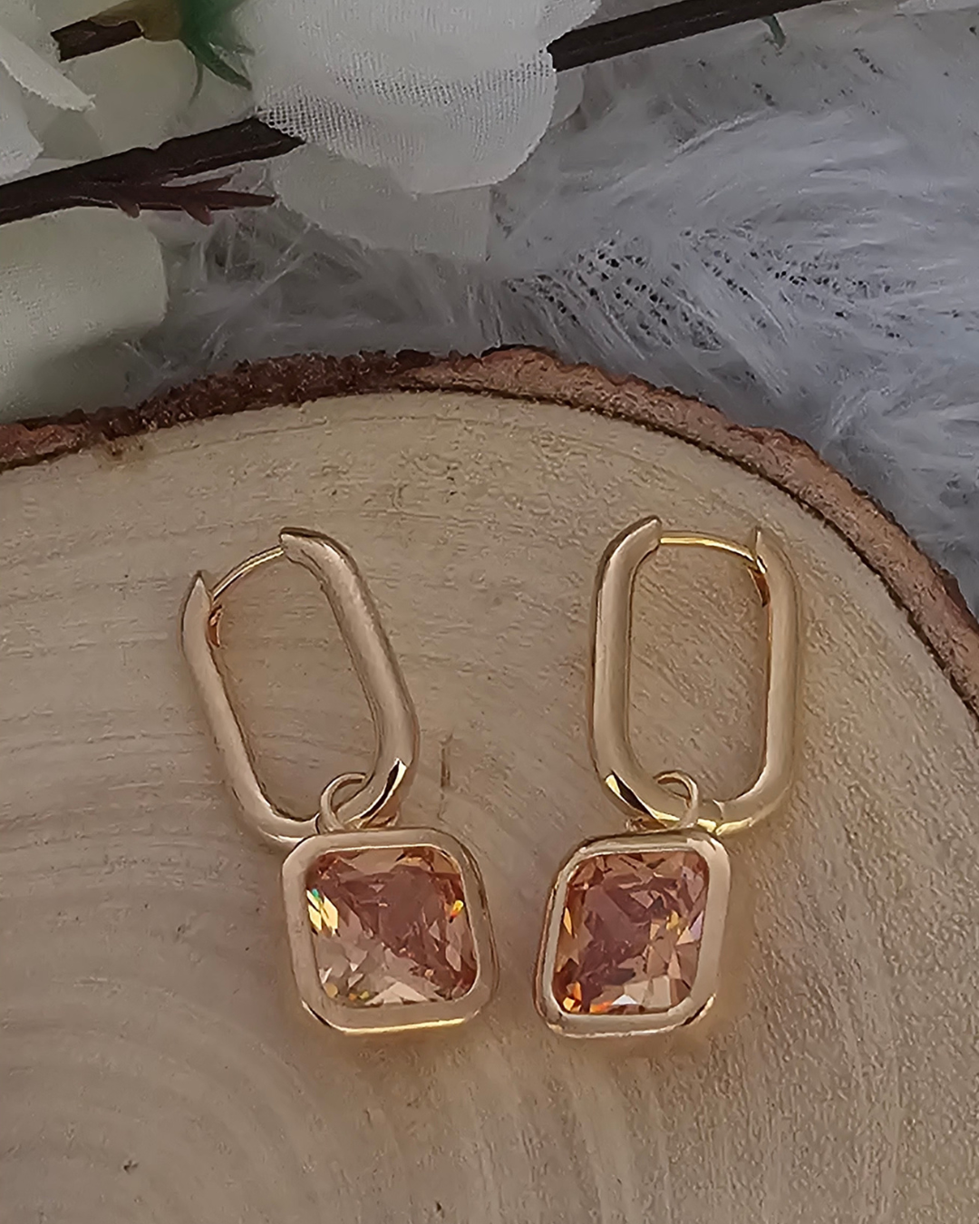 Square-Cut Peach Gemstone Drop Earrings