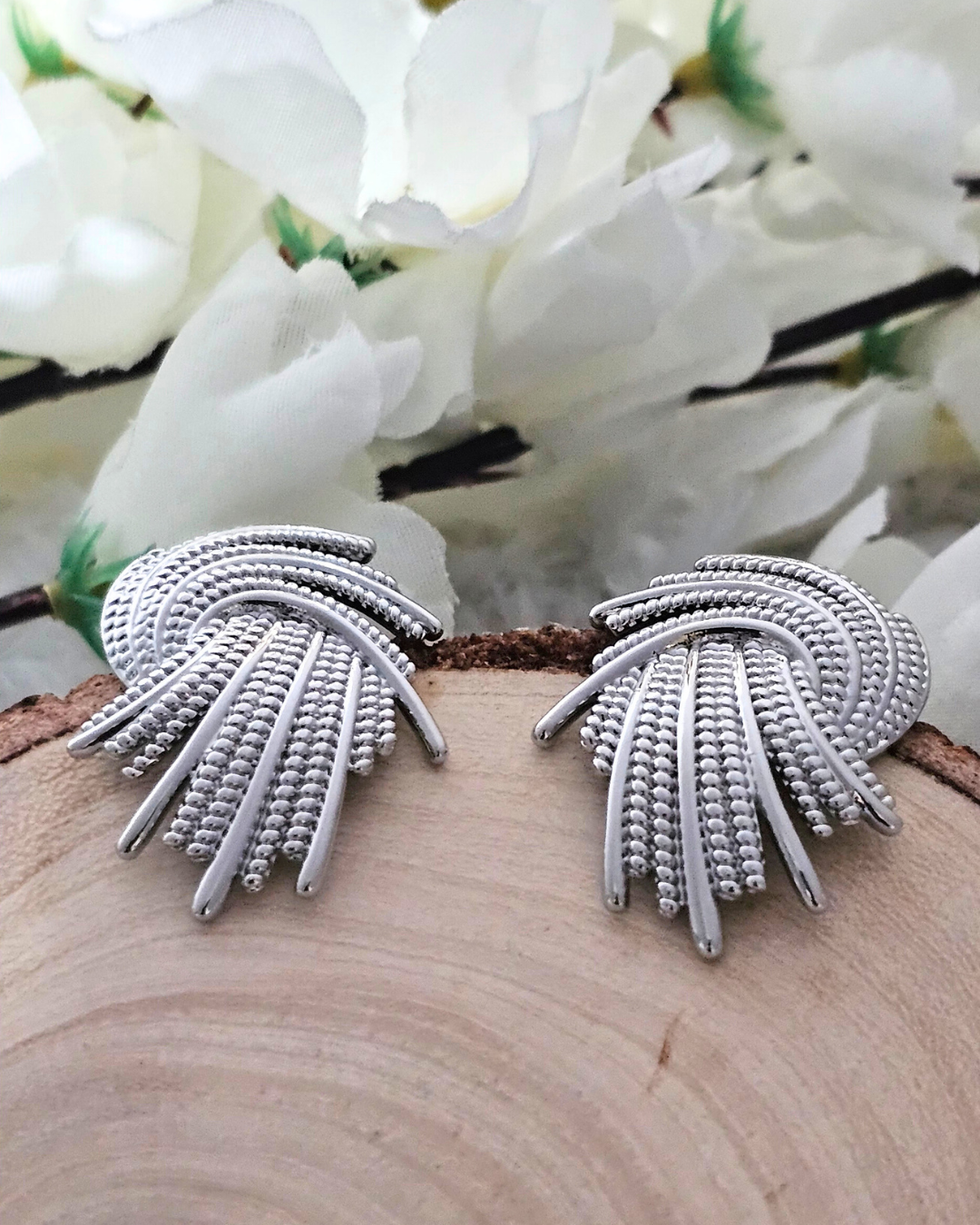 Silver-Tone Fan Shaped Statement Earrings