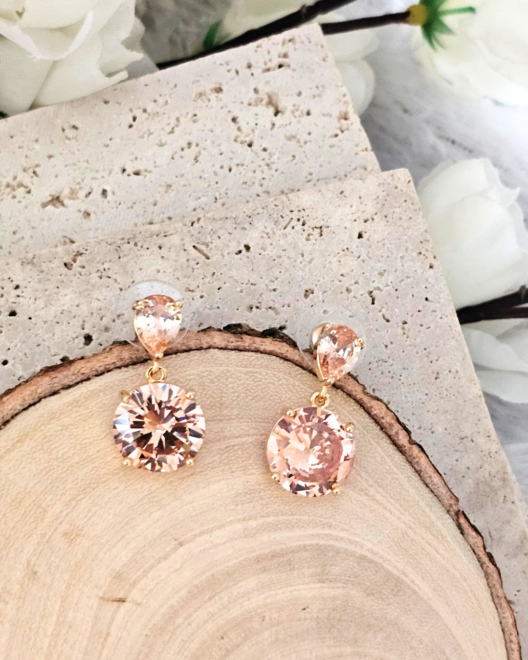 Peach Gemstone Stud Earrings with Gold-Tone Setting