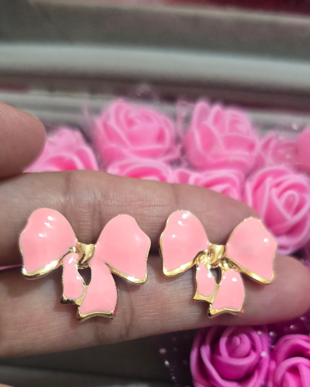 Pastel Pink Enamel Bow Stud Earrings