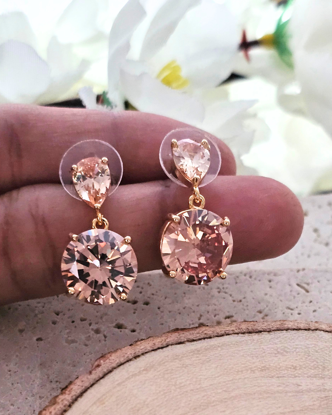 Peach Gemstone Stud Earrings with Gold-Tone Setting