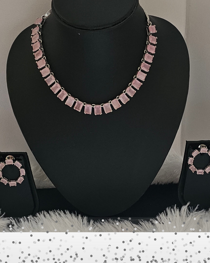 Pink American Diamond Necklace and Hoop Earring Set