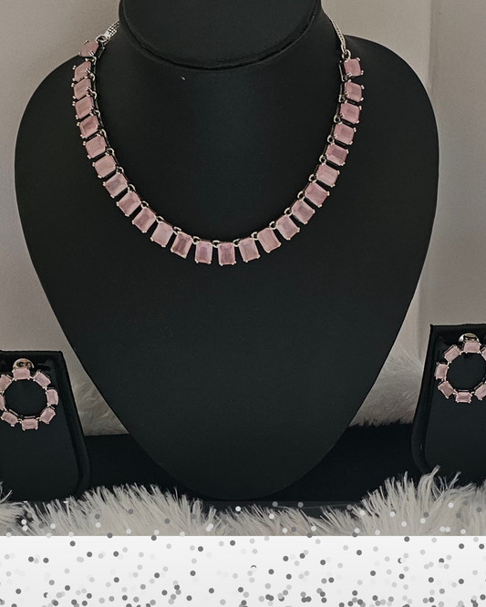 Pink American Diamond Necklace and Hoop Earring Set
