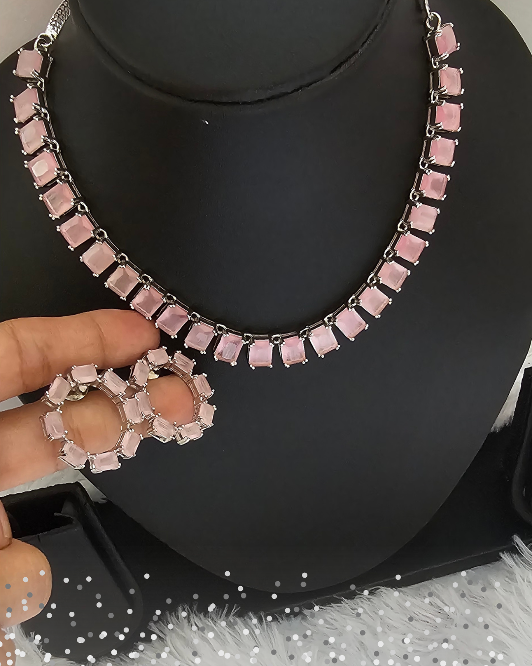 Pink American Diamond Necklace and Hoop Earring Set