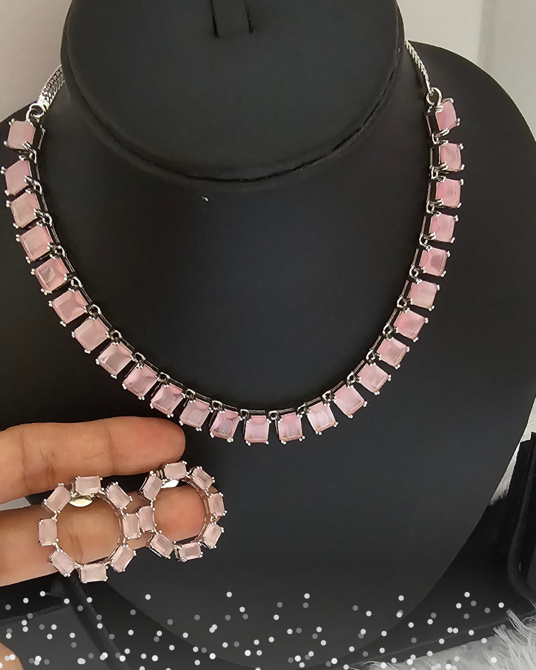 Pink American Diamond Necklace and Hoop Earring Set