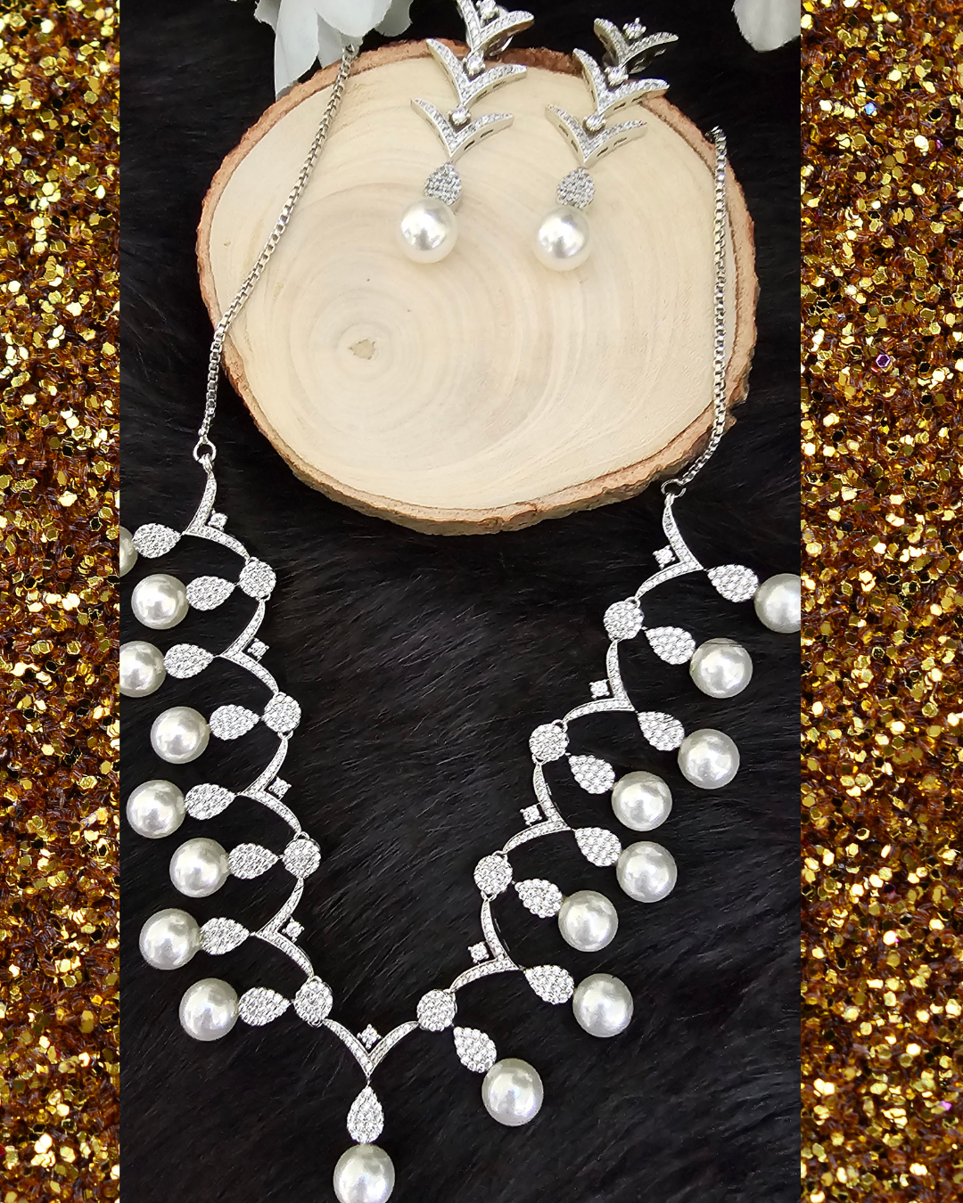 Exquisite Pearl and Crystal Vine Necklace and Earring Set