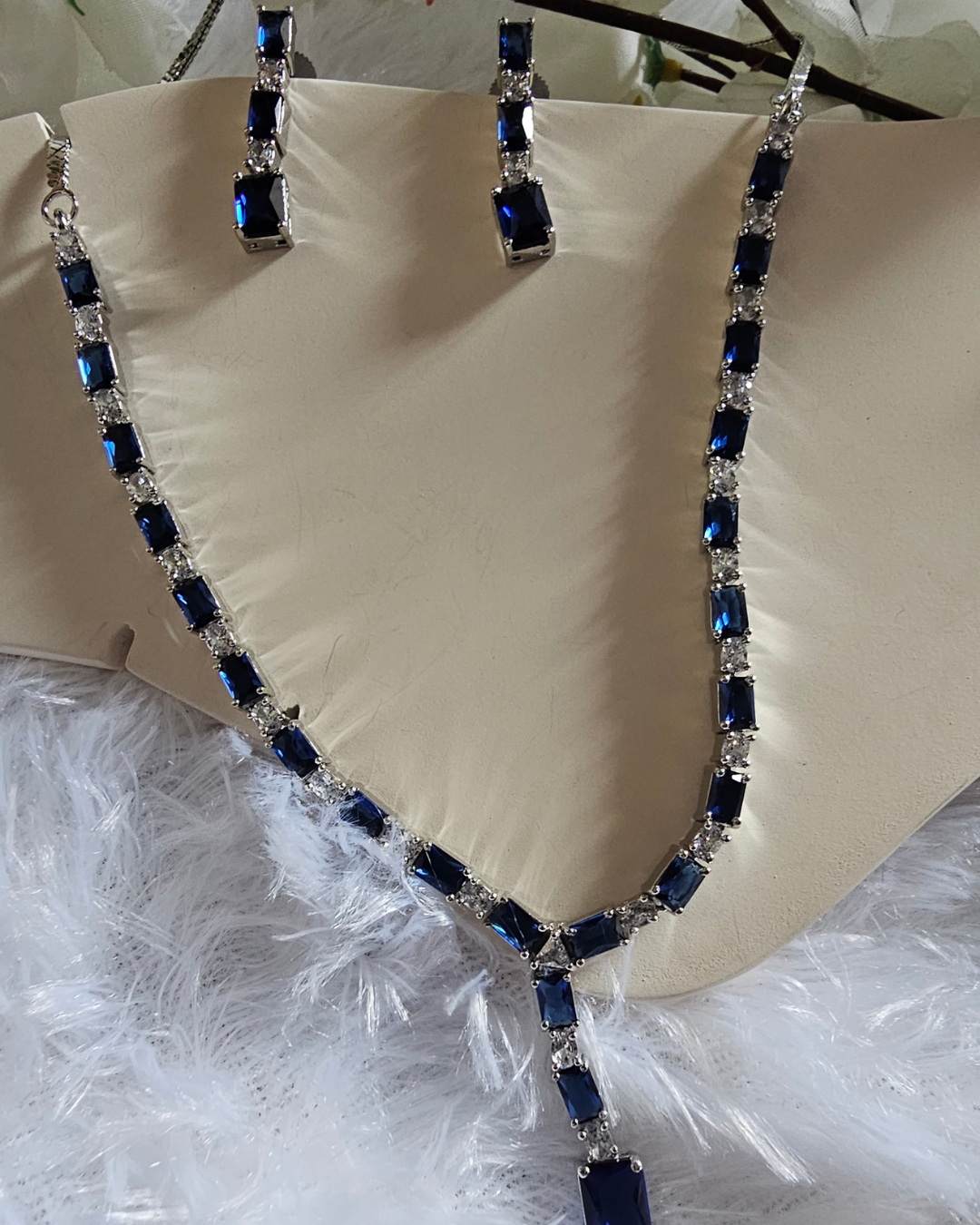 Midnight Blue and Crystal Y-Drop Necklace and Earring Set